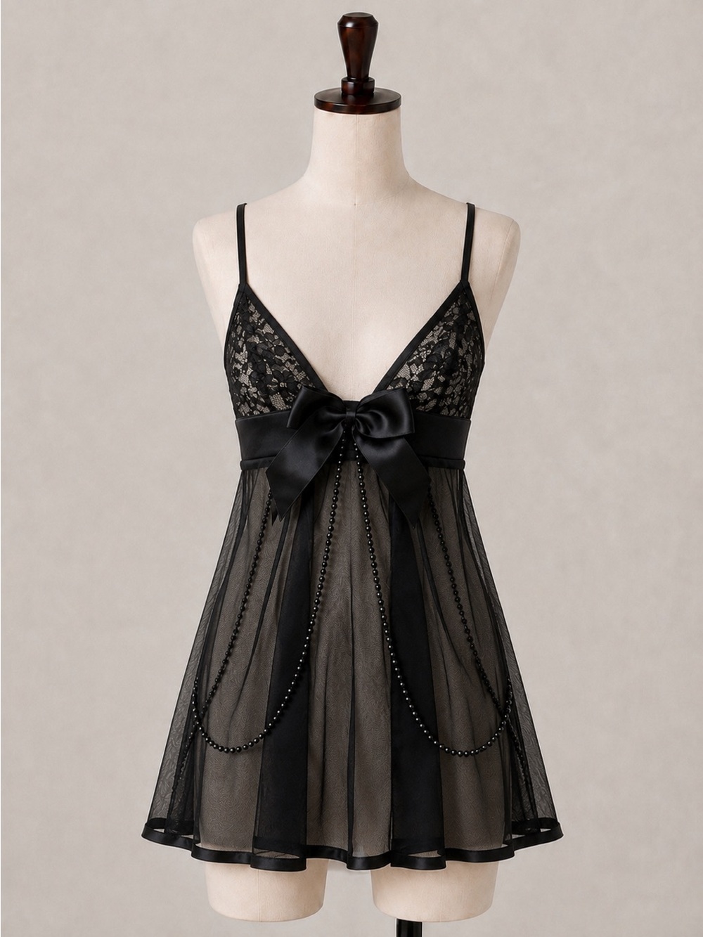 🍒3/33$ Shirley of Hollywood Black Lace & Mesh Babydoll Chemise with Satin Bow